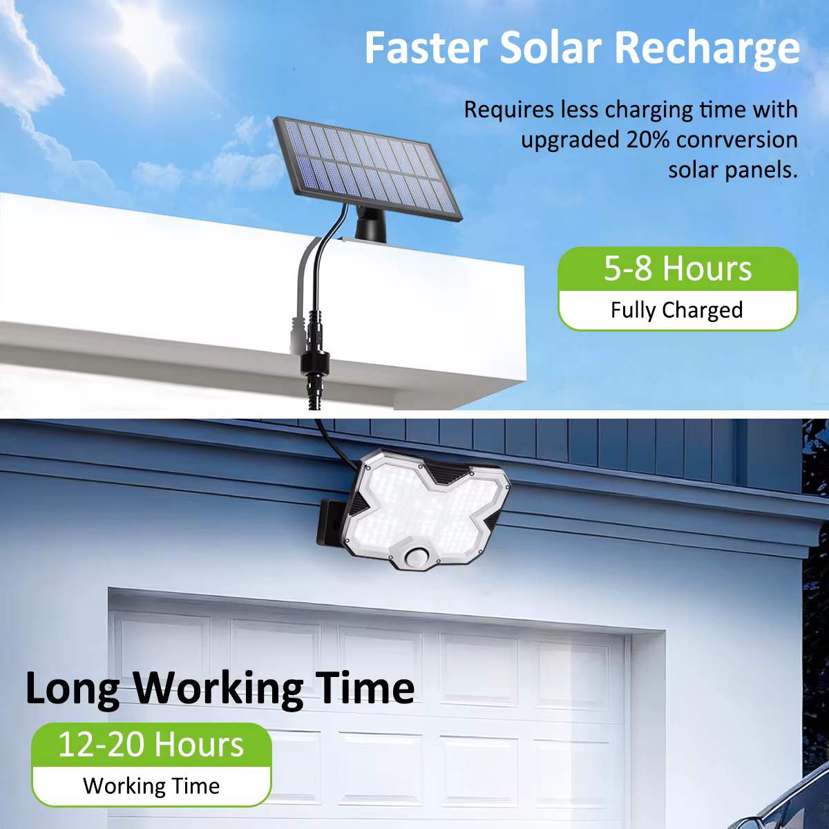 Lampe murale solaire avec 180 LED, allumage et extinction automatiques, étanche IP65, panneau solaire séparé, trois modes d'éclairage pour l'extérieur
