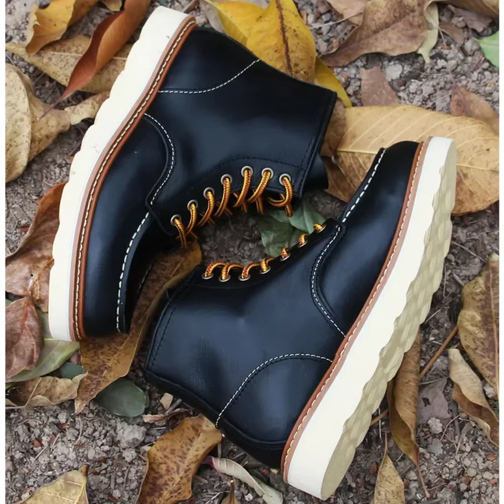 Bottes de moto en cuir véritable cousues Goodyear pour hommes, bottes provoqué punk décontractées, chaussures de travail mi-mollet, bout rond, rouge occidental, vintage