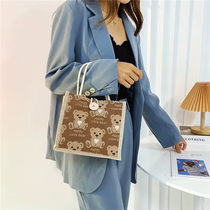 Sac fourre-tout en lin Bear, sac japonais Bento, sac de célébrité d'Internet, sac de voyage petit format tendance