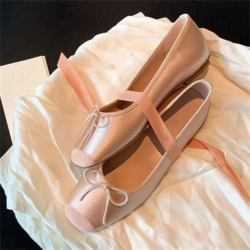 Aneikeh ballerines respirant soie ballerines femmes été automne sans lacet mocassins bout carré nœud papillon plat chaussures décontractées