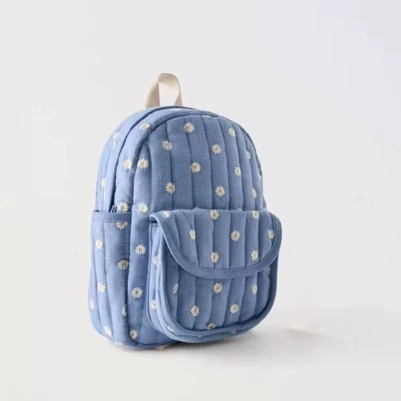 Sac à dos d'étudiant bleu marguerite de dessin animé, sac d'école brodé mignon, sac à dos décontracté unisexe tendance pour les voyages en plein air