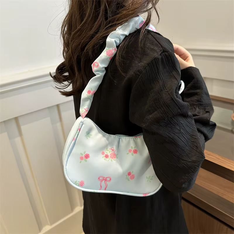 Sacs à main en toile imprimé doux pour femmes, fourre-tout coréen avec nœud Floral imprimé avec fermeture éclair, petit sac à bandoulière, nouvelle collection