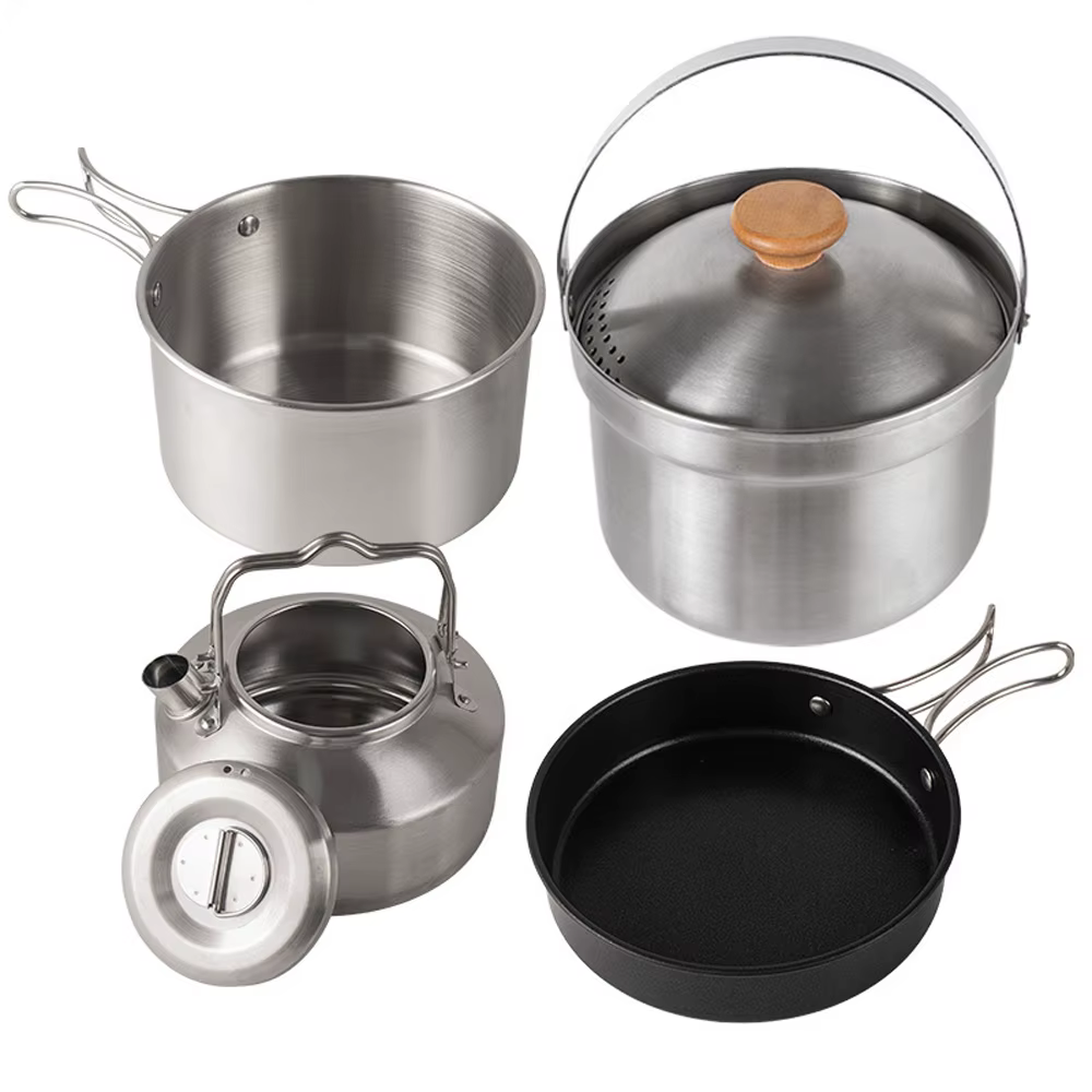 Ensemble d'ustensiles de cuisine de camping, kit de batterie de cuisine de pique-nique en plein air, marmite en acier inoxydable, poêle à frire, ensemble de bouilloire, accessoire de cuisine de voyage
