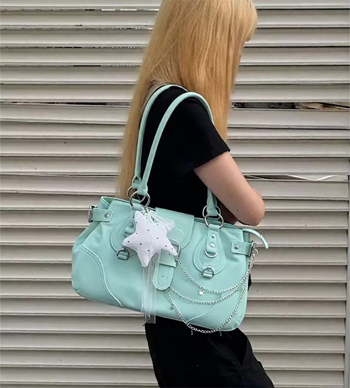 Sac à main Hobo, sac à bandoulière pour femme style motard, sac fourre-tout vintage chic vert menthe Y2K pour filles