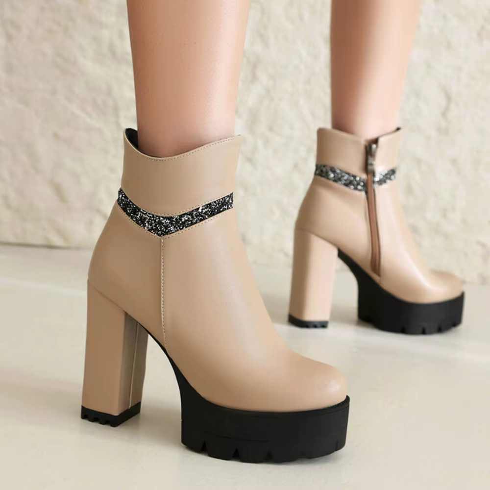 Bottes Rondes en Cuir pour Femme et Fille, Marque de Luxe, Talons Hauts Épais, Fermeture Éclair, Mode de Styliste, Alicante à Plateforme Décontractée, Grande Taille 45, 710