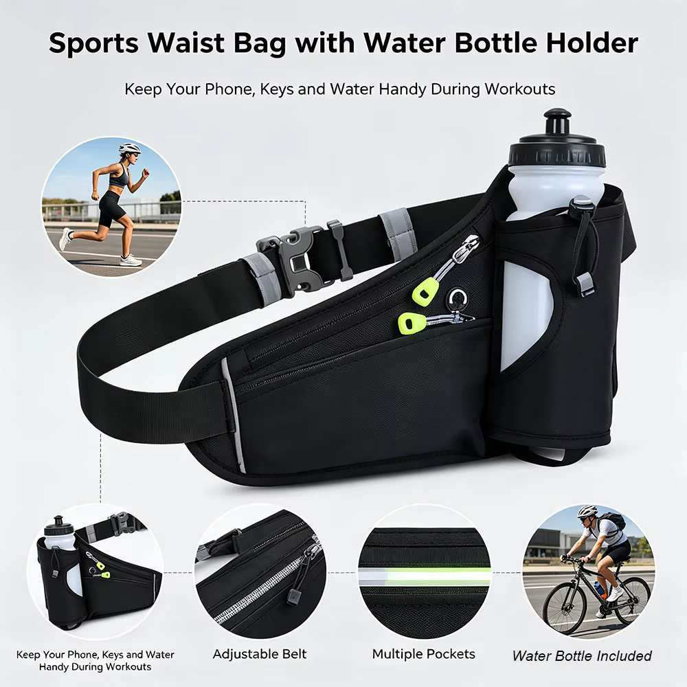 Sac banane de sport unisexe multicolore avec poche pour bouteille d'eau, ceinture de course ajustable et étanche, rangement pour téléphone portable