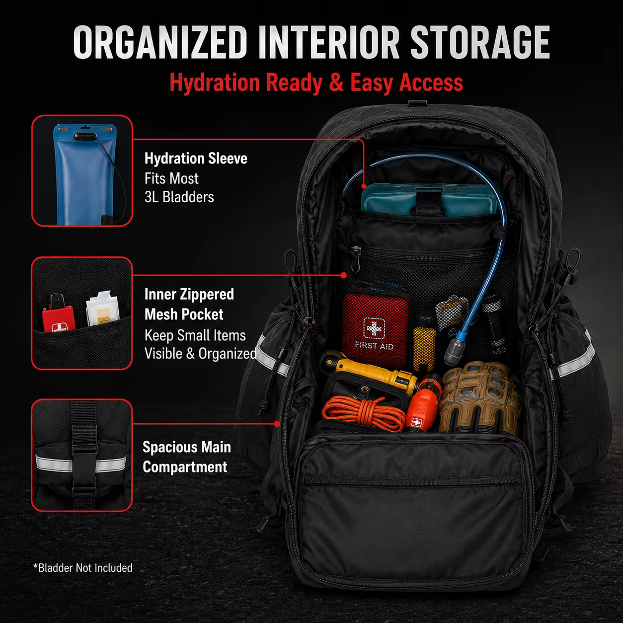 Sac à dos de rangement pour équipement de lutte contre les incendies, noir, extensible, sac de secours d'urgence avec bandes réfléchissantes, organisateur multi-poches pour la lutte contre les incendi