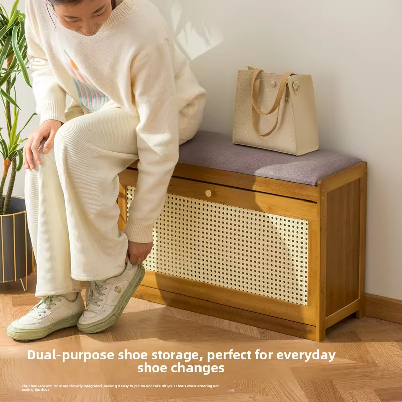 Meuble à chaussures domestique de 50-70 cm de long, tabouret à chaussures en bambou et en bois à rabat, tabouret long, tabouret rétro pour enfiler les chaussures