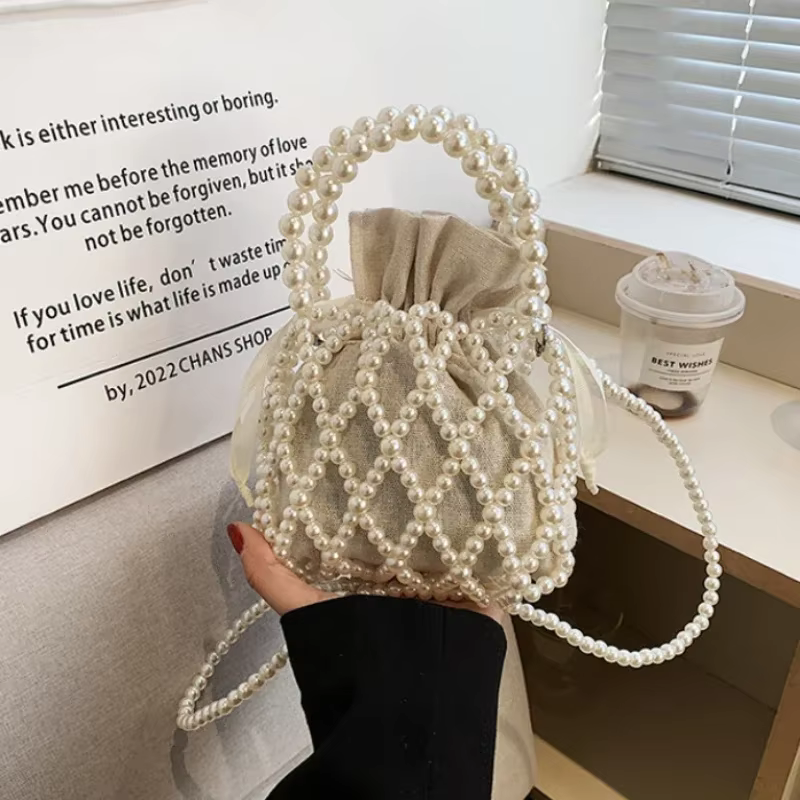 Femmes perle sac petit Mini fourre-tout seau sac tissé bandoulière sacs à main