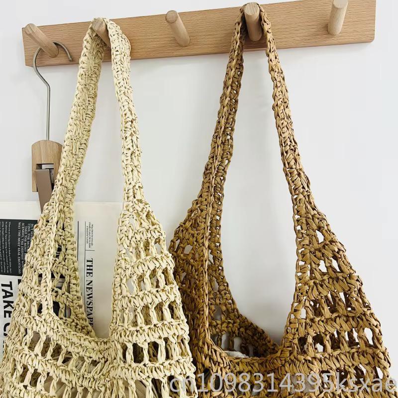Sac à bandoulière de plage en paille pour femme, grande capacité, tissé à la main, ajouré, pour les vacances d'été, style minimaliste