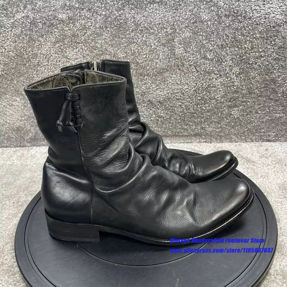 Bottines à fermeture éclair en cuir souple noir froissé pour hommes, bottes courtes à talon bas en cuir vintage, chaussures pour hommes fabriquées à la main par des designers