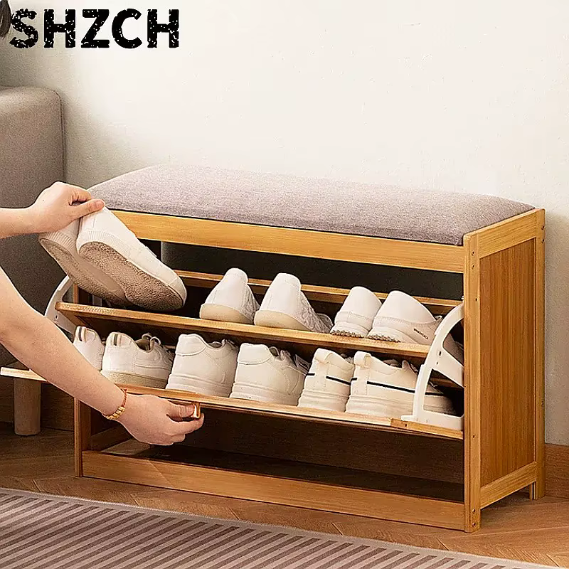 Banc d'entrée en bambou naturel avec coussin et rangement basculant pour chaussures