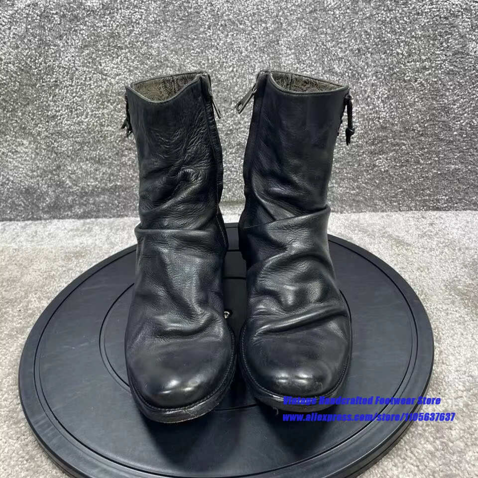 Bottines à fermeture éclair en cuir souple noir froissé pour hommes, bottes courtes à talon bas en cuir vintage, chaussures pour hommes fabriquées à la main par des designers