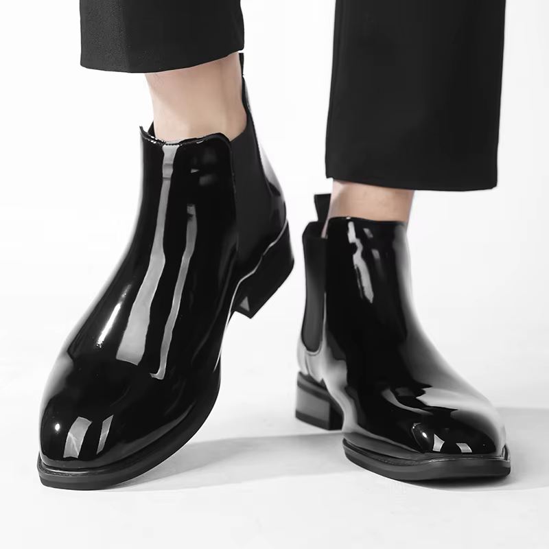 Bottines Chelsea pour hommes en cuir verni noir boucle cheville bout rond affaires classique à la main hommes bottes courtes Botas De Hombre
