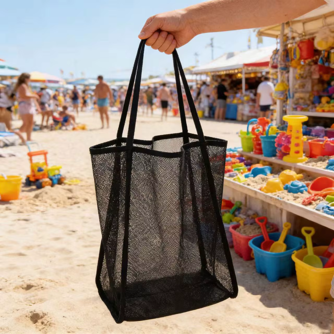 Sac de rangement pour jouets de plage pour enfants, en maille transparente, à bandoulière, grande capacité, pour la natation, les activités de plein air, le shopping, les voyages décontractés