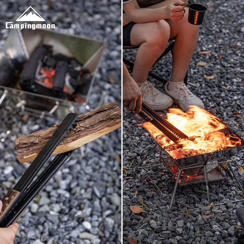 CAMPINGMOON BKMS-41 Pince à charbon multifonctionnelle en acier inoxydable avec poignée en bois massif anti-brûlure pour barbecue