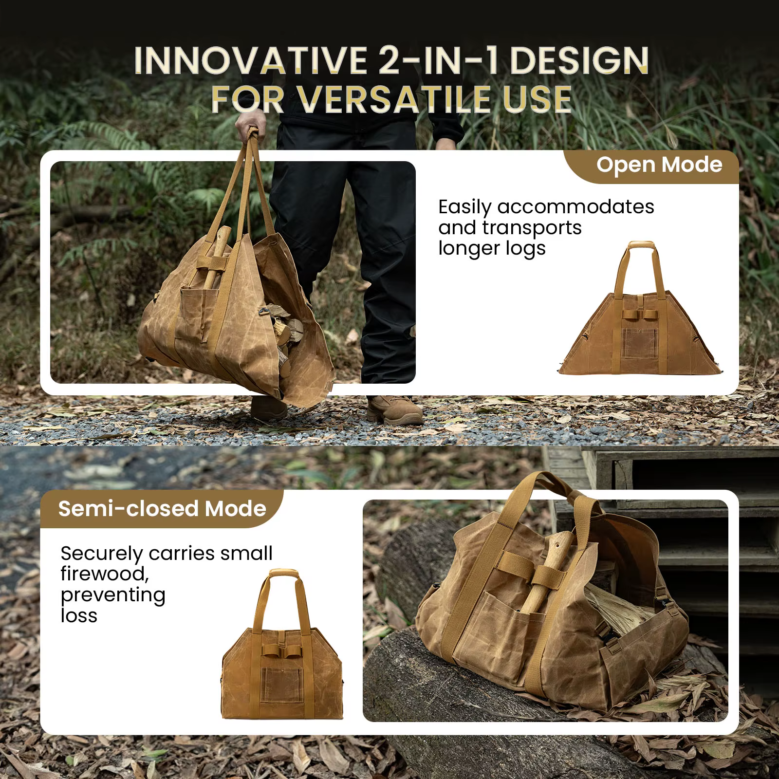 Porte-bois de chauffage 2-en-1 sac de transport de bûches de bois