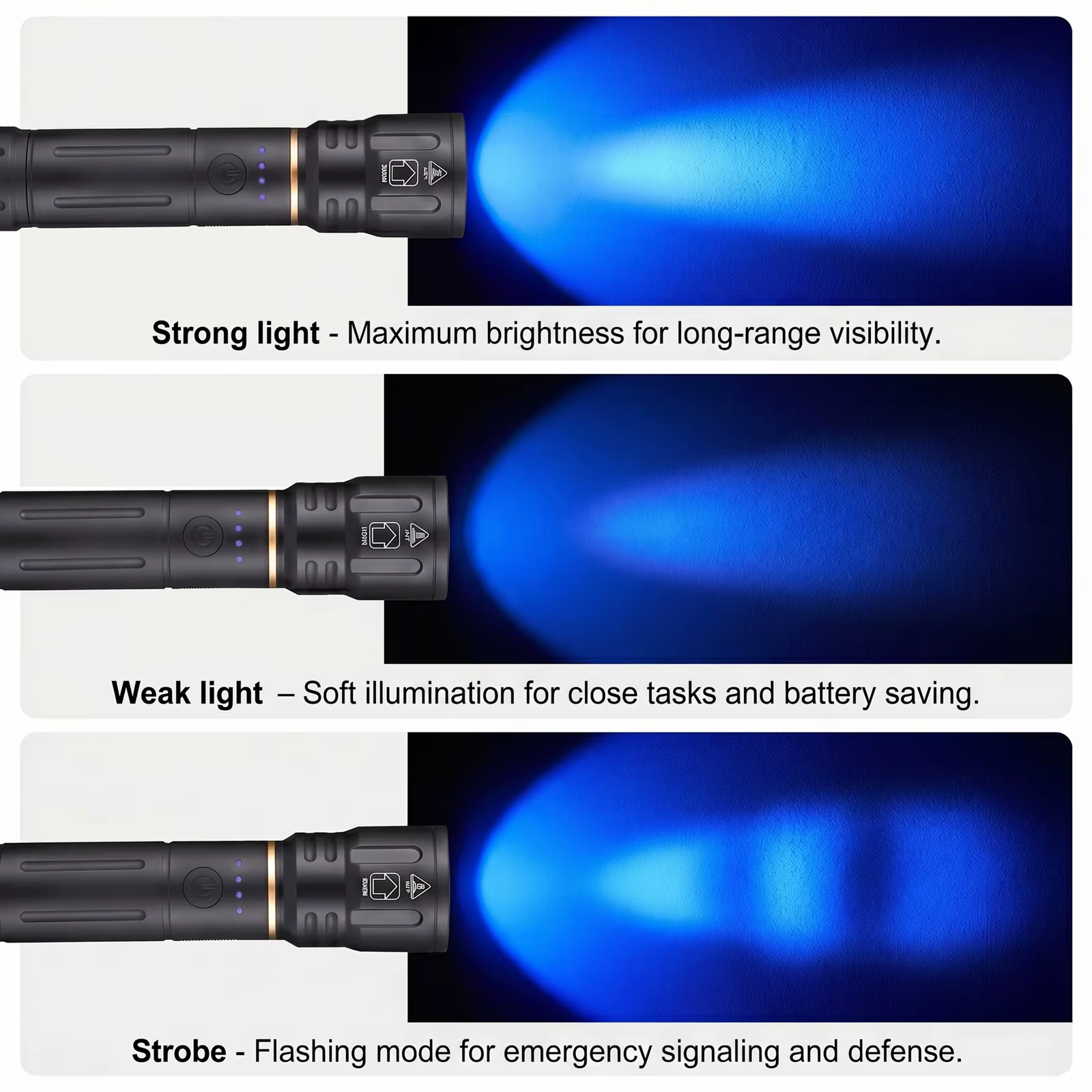 Lampe torche LED Alonefire Zoom haute puissance à lumière bleue, rechargeable par USB, en aluminium, pour le camping, la randonnée, la chasse, la pêche