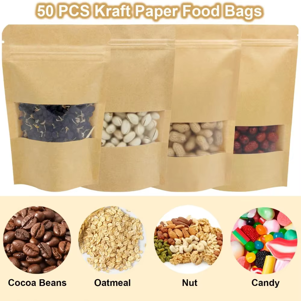 Sacs en papier Kraft à fermeture éclair, sac alimentaire réutilisable, pochettes debout avec fenêtre mate, 50 pièces marron (9x14cm), sac de conservation des aliments, joint