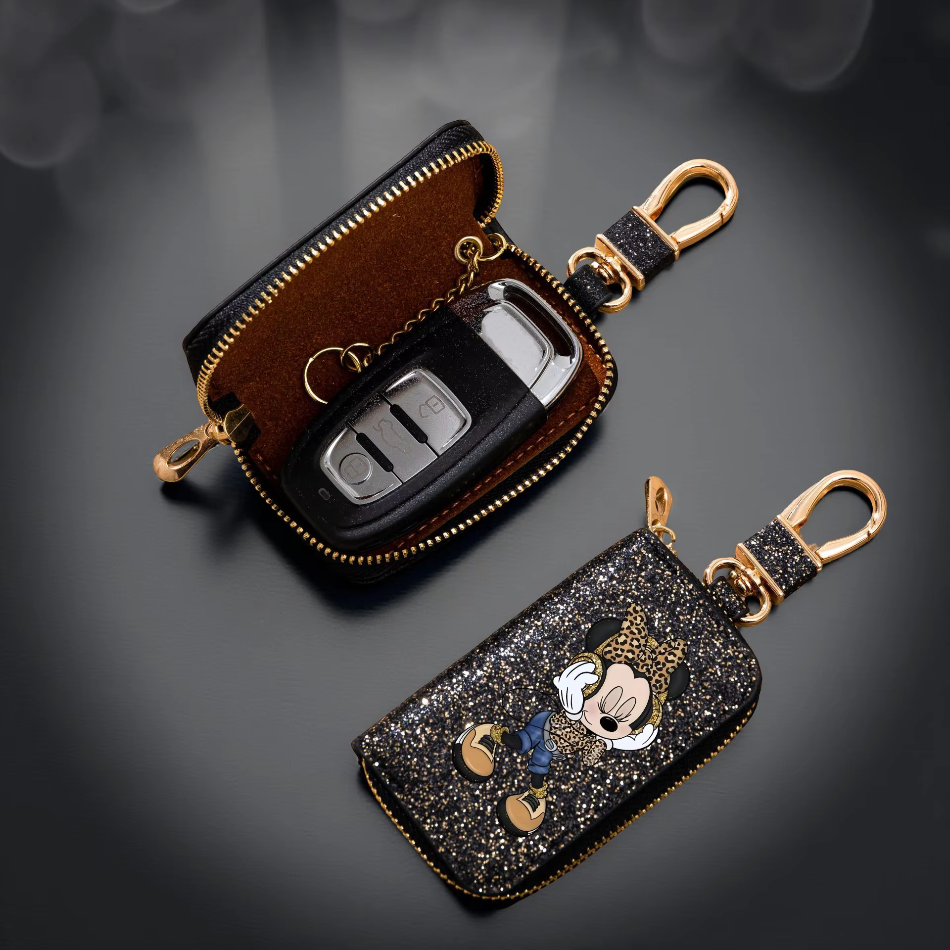 1 sac à clés Minnie-porte-clés synthétique élégant avec fermeture éclair dorée, organisateur de clés de voiture Compact et accessoire de décoration pour la maison