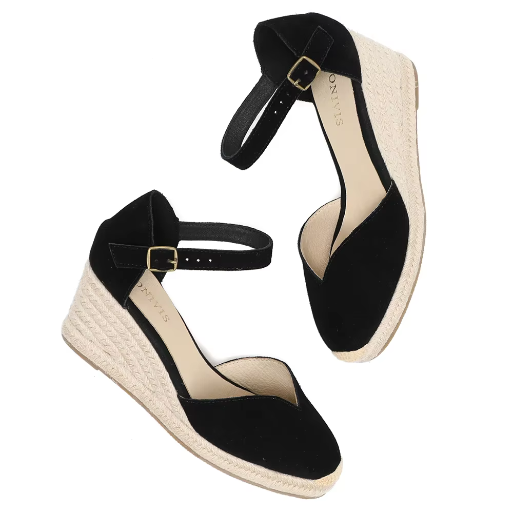 Chaussures à talons compensés Sandales pour femmes en cuir véritable avec enveloppe de cheville et 5-8 cm pour dames