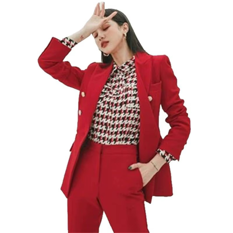 Ensemble de costume rouge pour femmes, décontracté, professionnel, à la mode, Style déesse, hôte, vêtements de travail formels, Polyester, manches longues, boutonné