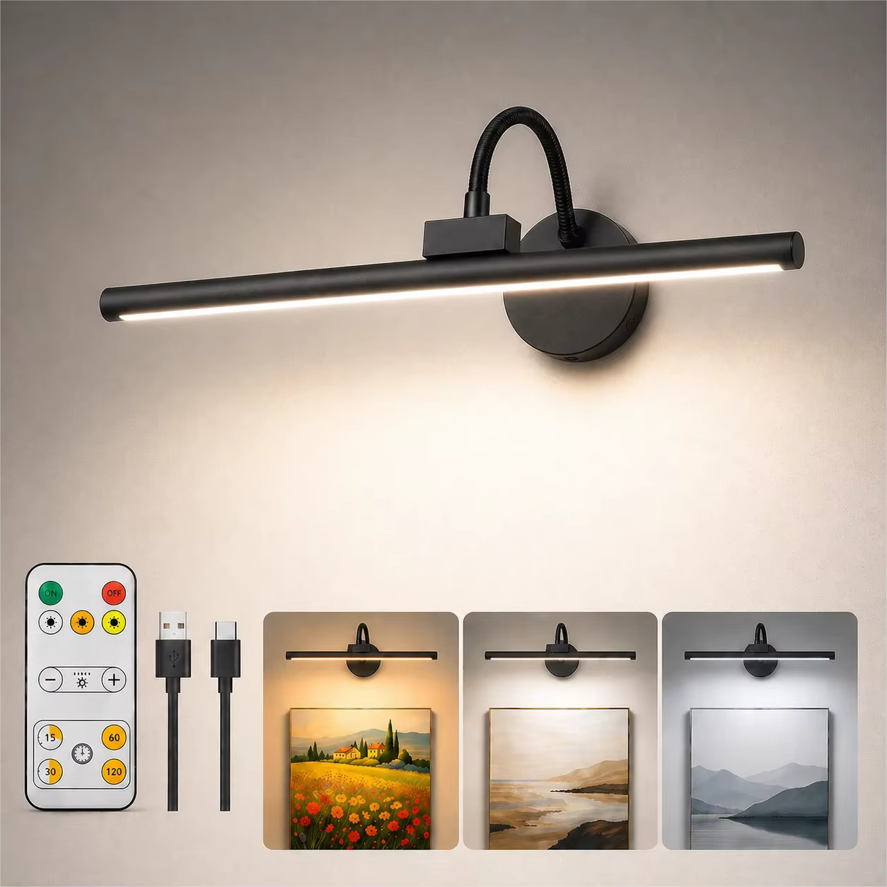 Lampe à LED sans fil pour tableau avec télécommande, 360° ° Lampe murale magnétique réglable, rechargeable par USB, éclairage à 3 couleurs réglables
