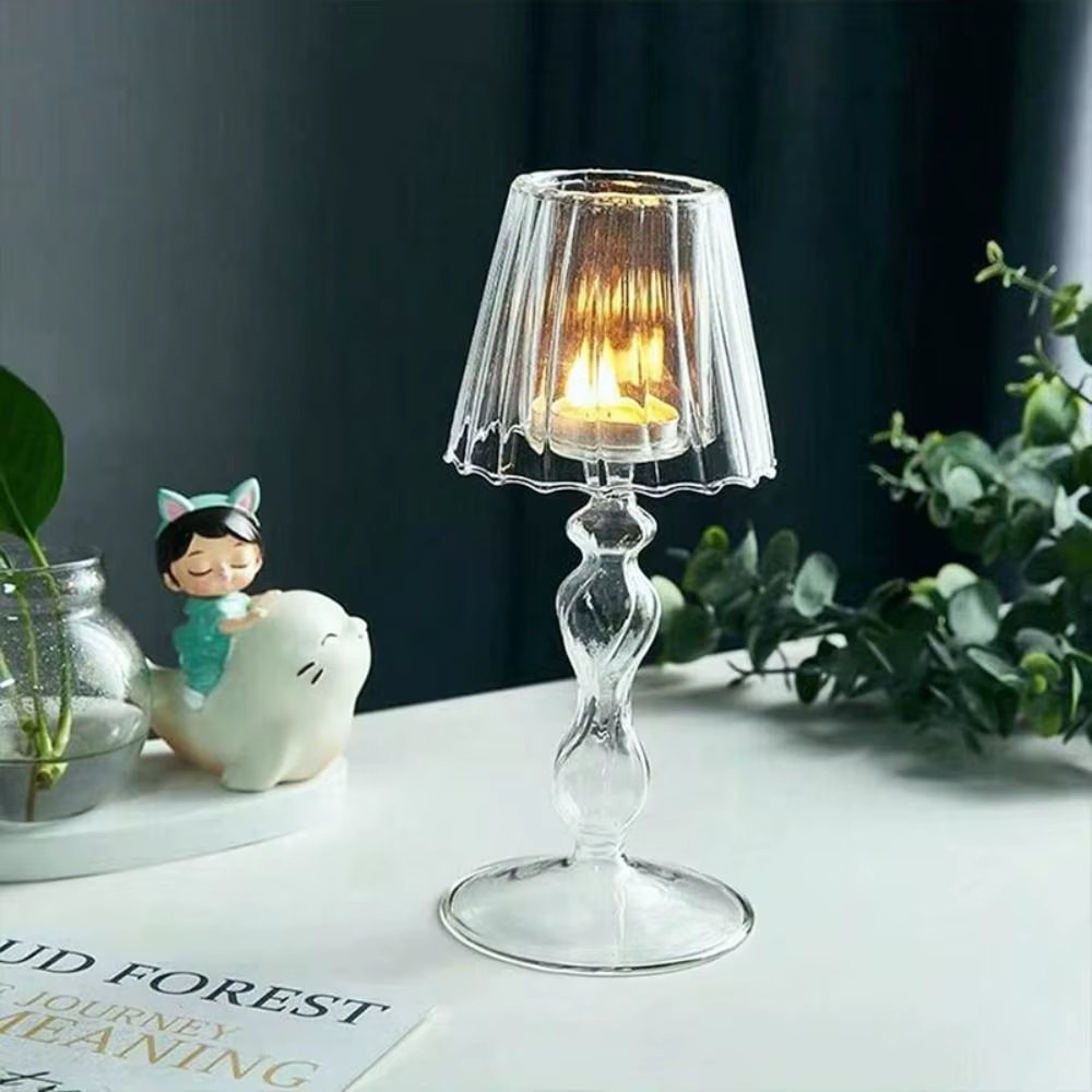 Chandelier rayé en verre à pieds hauts, bougeoir en forme de lampe d'art créatif, artisanat romantique et délicat, candélabre du nouvel an