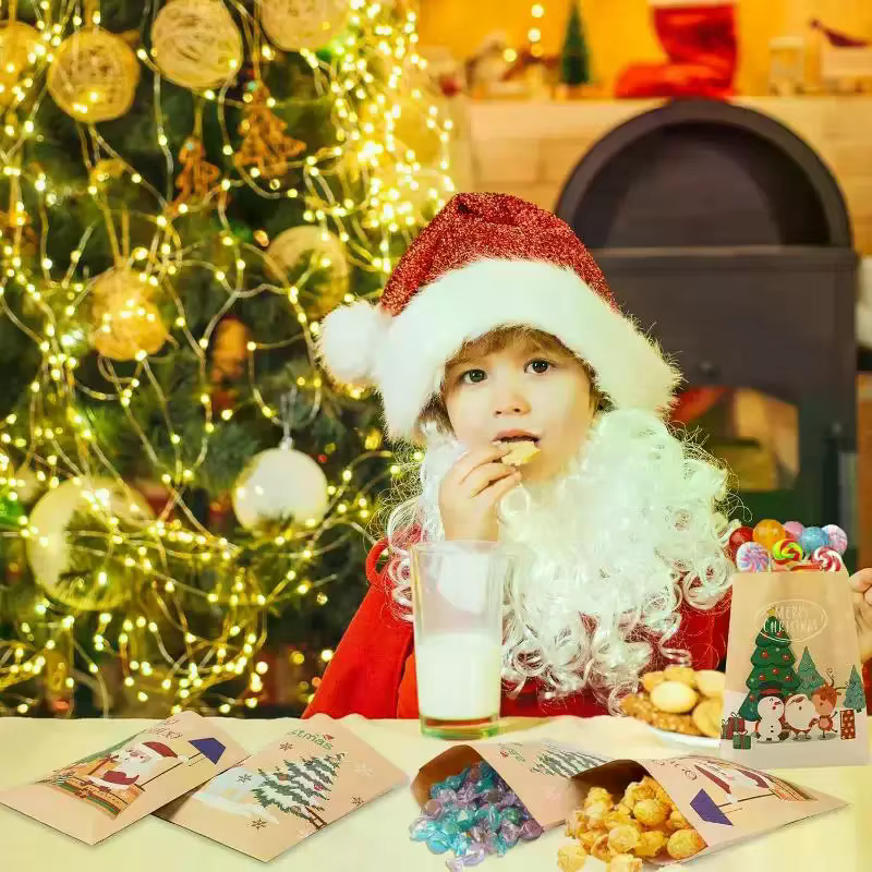 20 pièces joyeux noël sacs cadeaux père noël papier Kraft bonbons biscuits sac cadeaux de fête de noël 2025 noël bricolage calendrier de l'avent