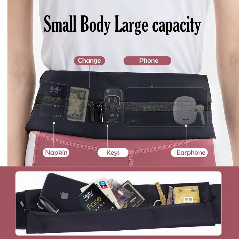 Sac de ceinture de course sur sentier, sac banane de fitness, ceinture élastique, poche à double fermeture éclair, sac de course, étui de téléphone de sport