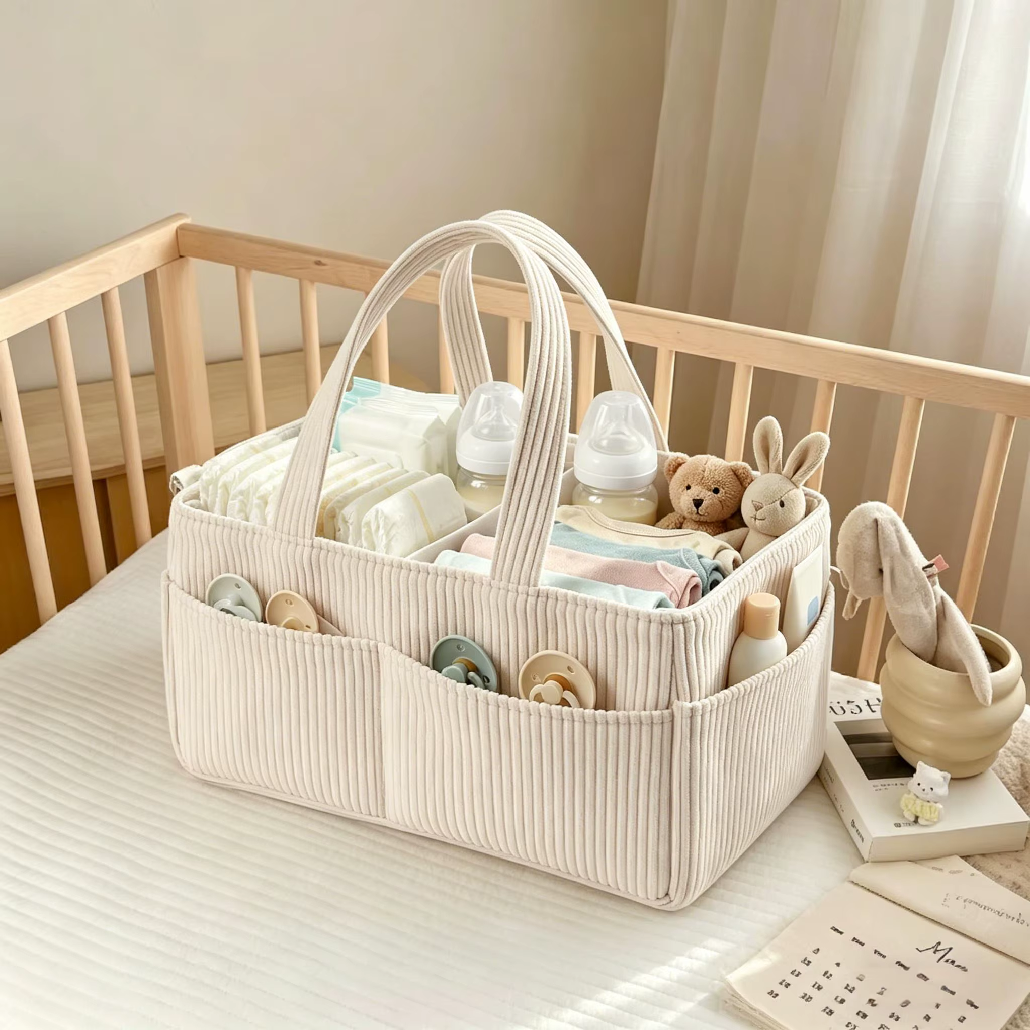 Organisateur de couches pour bébé, panier de rangement portable en velours côtelé avec poignée, panier de rangement pour couches pour la chambre de bébé