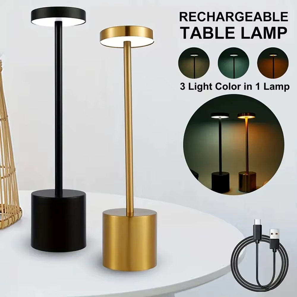 Lampe de bureau en métal LED, contrôle tactile 3 couleurs, luminosité réglable, rechargeable par USB, portable, décoration de chambre à coucher, salon, bar
