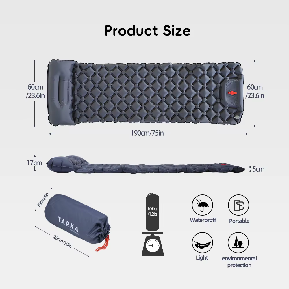 TARKA – tapis de Camping gonflable, coussin de couchage, coussin d'air touristique en plein Air avec oreiller, matelas auto-gonflant pour randonnée pique-nique