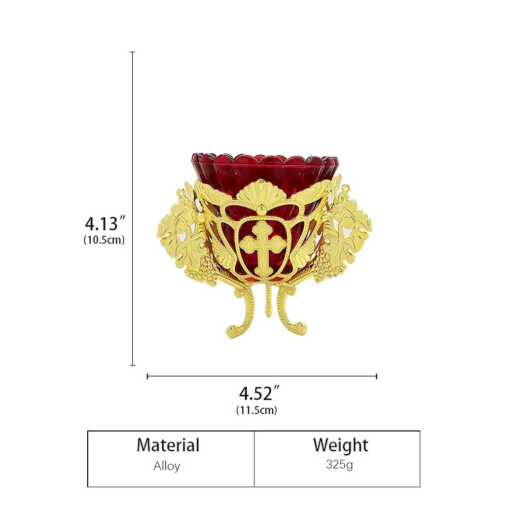 Lampe Vigil suspendue orthodoxe |   Alliage plaqué or avec croix de bol en verre rouge et conception de vigne pour l'autel de la maison de l'église