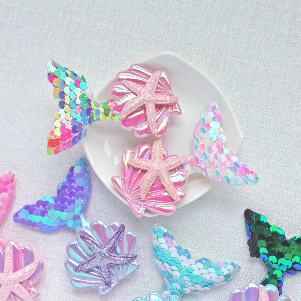 10 pièces 60x75mm paillettes queue de sirène coquille étoile de mer Appliques pour bricolage chapeaux bandeau de cheveux Clips décor vêtements chapeau patchs de couture