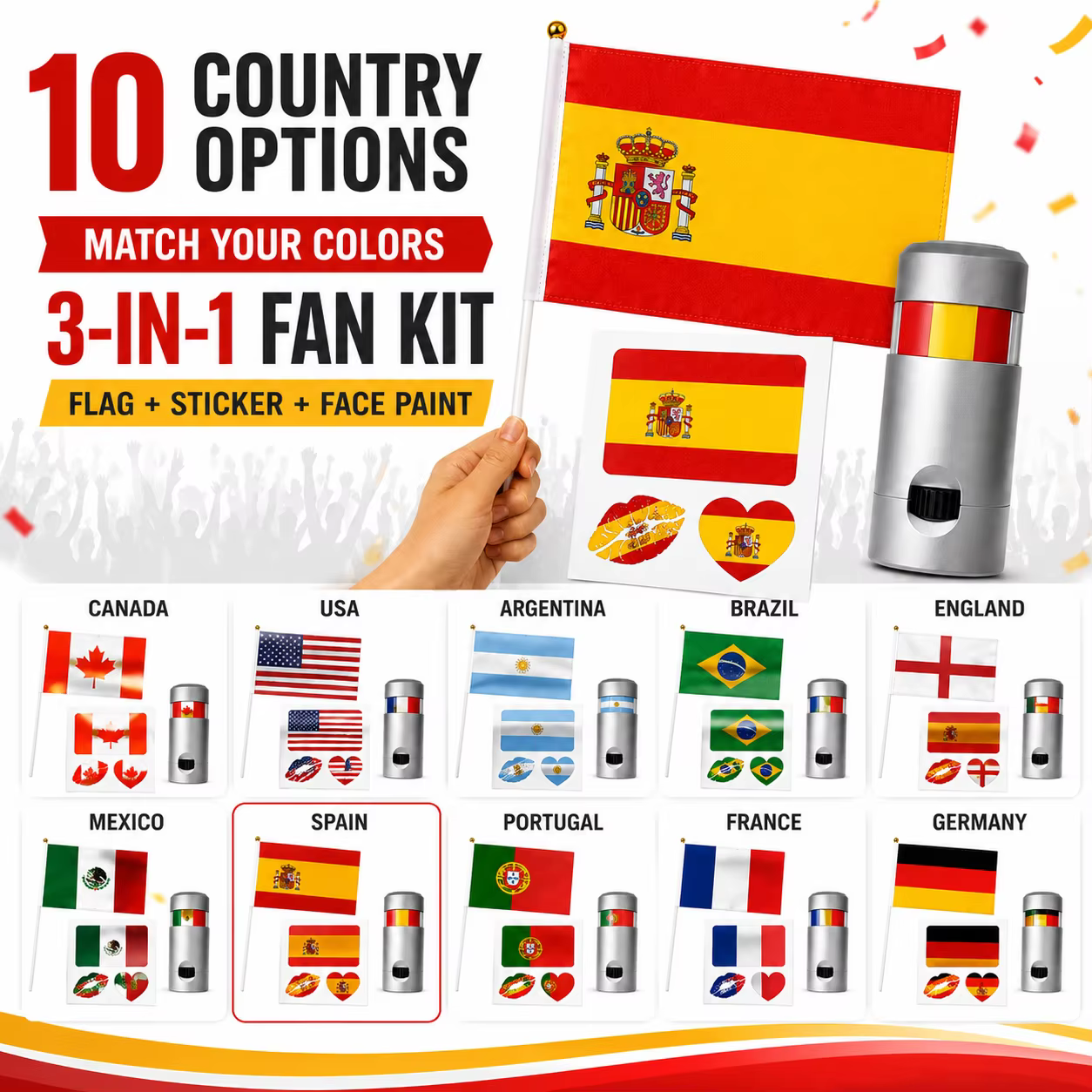 Kit de supporters de football 3 en 1, drapeau à main, autocollants décoratifs temporaires, accessoires pour la fête du jour du match