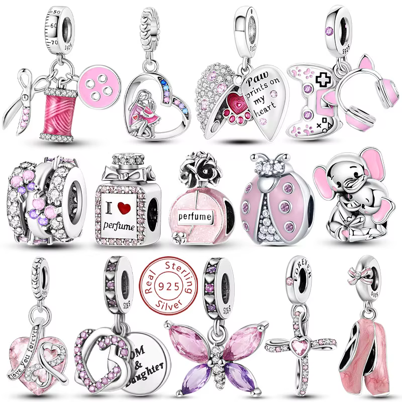 Breloques roses originales en argent Sterling 925