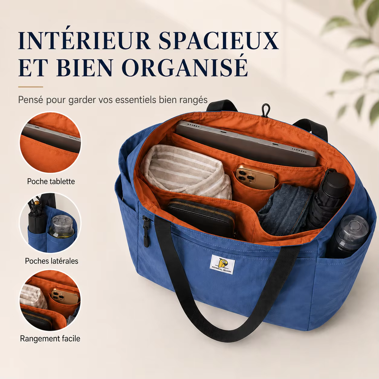 Sac Cabas Femme Réversible en Nylon Lavé Léger Déperlant Grande Capacité Multi-Poches Sac à Épaule de Voyage