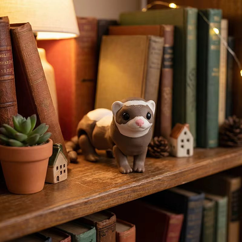 Figurine de furet articulée – Animal en peluche articulé marron et blanc de 8 cm, poseable à collectionner pour la décoration de bureau