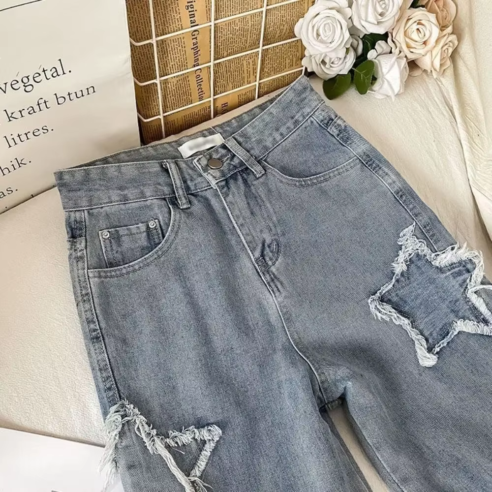 Jean Denim Taille Haute à Jambes Droites, Mode Coréenne avec Étoile, Nouvelle Collection Printemps-Automne 2024