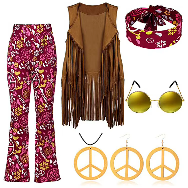 Costume Hippie Femme Amour et Paix Années 60 70 Tenue de Scène Fille Accessoires de Performance à Pompons Indiens
