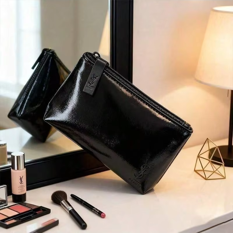 Sac à maquillage rectangulaire noir pour femme YSL, organiseur de cosmétiques de voyage portable, pochette quotidienne