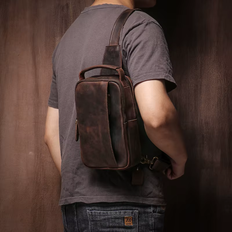 Sac de poitrine en cuir véritable pour homme