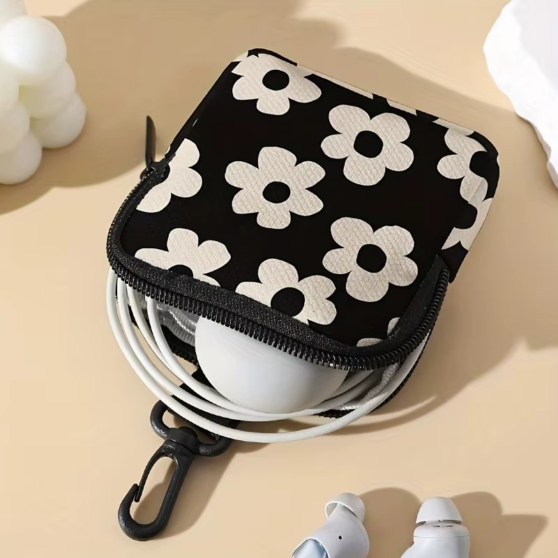Porte-monnaie imprimé noir, sac de rangement en faux cuir à fermeture éclair, mini support pour casque